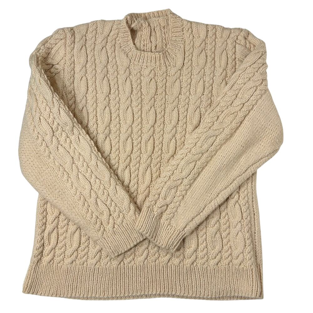 Cream Fisherman Sweater Cable Knit Pullover Large Cream Handmade Off White 2/XL